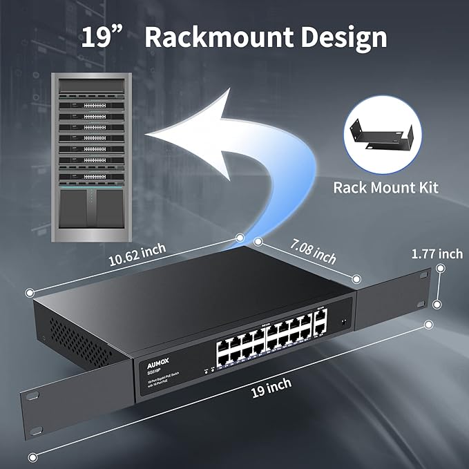 18-Port Ethernet Gigabit PoE Switch, 16-Port PoE with 2 Uplink Gigabit Ports, 250W Built-in Power, Metal Casing and 19-inch Rackmount, Traffic Optimization, Plug and Play, Unmanaged(SG518P)