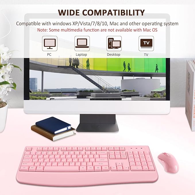 Wireless Keyboard and Mouse Combo, EDJO 2.4G Full-Sized Ergonomic Computer Keyboard with Wrist Rest and 3 Level DPI Adjustable Wireless Mouse for Windows, Mac OS Desktop/Laptop/PC (Pink)