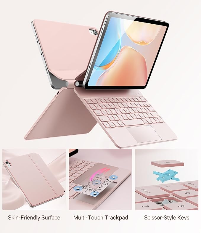 GreenLaw for iPad 11th(A16,2025)/10th(2022) Generation Case with Keyboard, Magic-Style Keyboard Stand, 7 Color Backlit, Stain-Resistant Surface, Multi-Touch Trackpad, Blush Pink