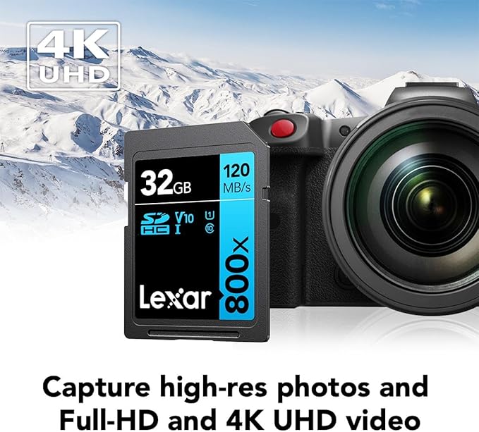 Lexar High-Performance 800x 32GB (2-Pack) SDHC UHS-I Memory Cards, C10, U1, V10, Full-HD & 4K Video, Up to 120MB/s Read, for Point-and-Shoot Cameras, Mid-Range DSLR, HD Camcorder (LSD0800032G-B2NNU)