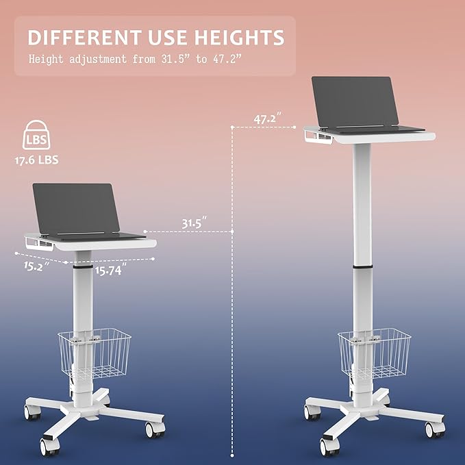 Adjustable Height Portable Laptop Desk with Wheels,White Computer Cart on Wheels,Standing Mobile Desk Workstation, Utility Medical Cart