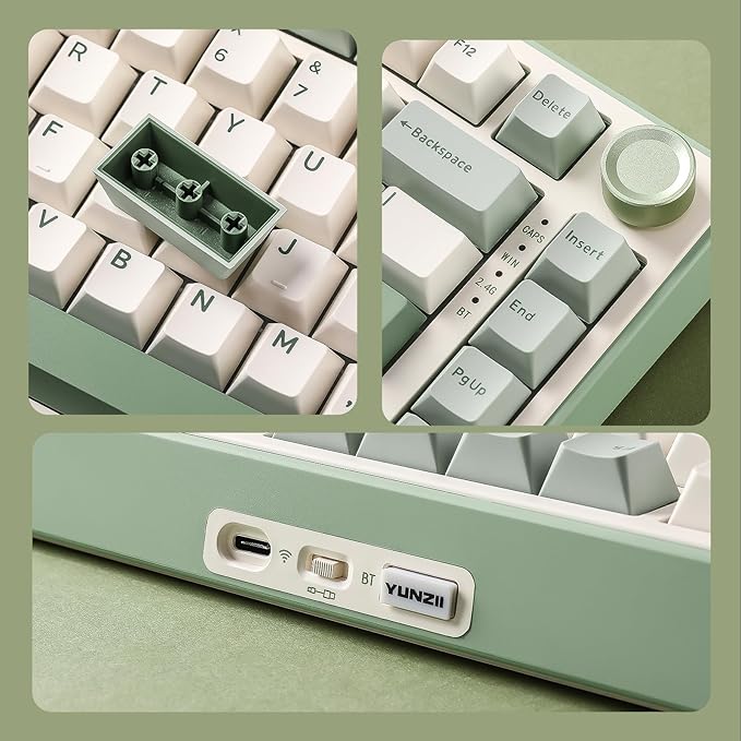 YUNZII B75 PRO Wireless Mechanical Keyboard,75% Layout with Knob,Hot Swap Gasket Structure,Creamy Pre-lubed Switches,RGB Backlit,Bluetooth/Type-C/2.4G for Win/Mac (Matcha Green, Milk Switch)