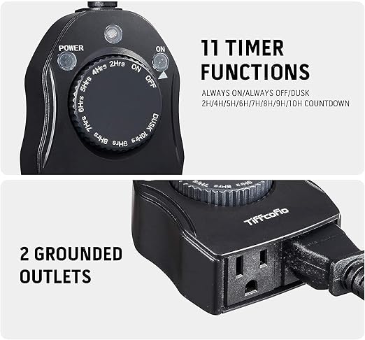 TiFFCOFiO Outdoor Christmas Light Timer, Dusk to Dawn Sensor Countdown, Outdoor Timers for Electrical Outlets Waterproof, 2 Grounded Outlets for Christmas Lights, 15A 1/2HP, CSA Listed (2 Pack)