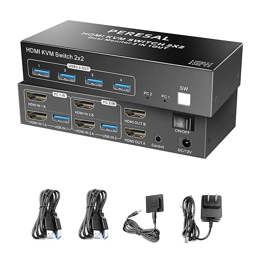 Dual Monitor HDMI KVM Switch, 2 Computers 4K60Hz Dual Monitor KVM Switches for Dual PC or Laptops,4 USB 3.0 Ports Support Extended/Copy Mode with DC 12V Adapter&Wired Controller