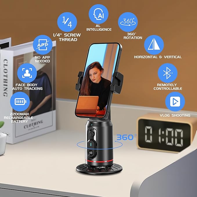 Auto Face Tracking Phone Holder for Phone, GoPro, Compact Camera, 360° Rotation Mount with Remote Compatible with Tripod, Rotating Stand for iPhone for Vlog, Streaming, Video, FaceTime, TIK Tok