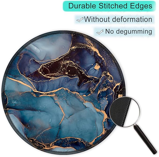 ITNRSIIET Round Mouse Pad with Stitched Edge Premium-Textured Waterproof Non-Slip Rubber Base Desktop Protection Mat Diameter 8.7 inches, Blue and Black Marble