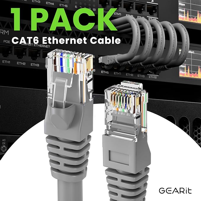 GEARit Cat 6 Ethernet Cable (1-Pack 20 Feet) Cat6 Network Patch, 10Gbps, RJ45, Snagless Cord, Gold-Plated Connectors, Internet for PC, TV, Tablet, Router, Printer, Servers, IT Data Center - Gray