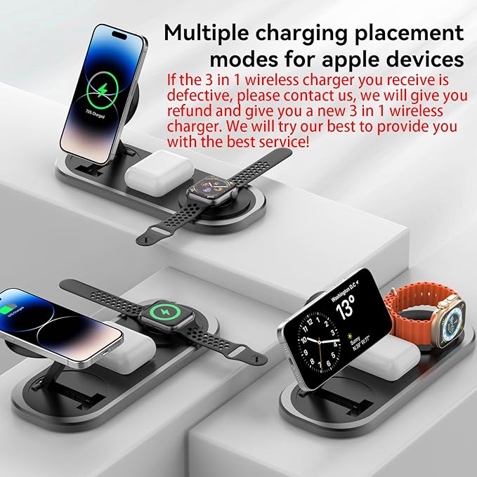 3 in 1 Fast Wireless Charger Stand for iPhone, Foldable Travel Charging Station for Magsafe for iPhone 17/Air/16/15/14/13/12 Series, Apple Watch Series, AirPods pro/2/3/4, Gifts for Women Men (Black)