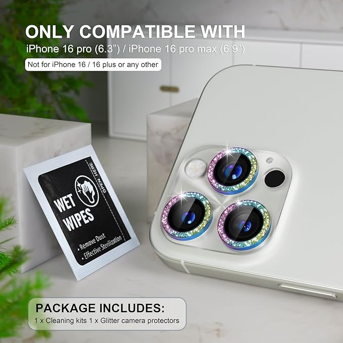 Choiche Compatible for iPhone 16 Pro/iPhone 16 Pro Max Camera Lens Protector, Bling Camera Cover with 9H Tempered Glass Lens Screen Protector Metal Ring Decoration Accessories (Clear-Colorful)