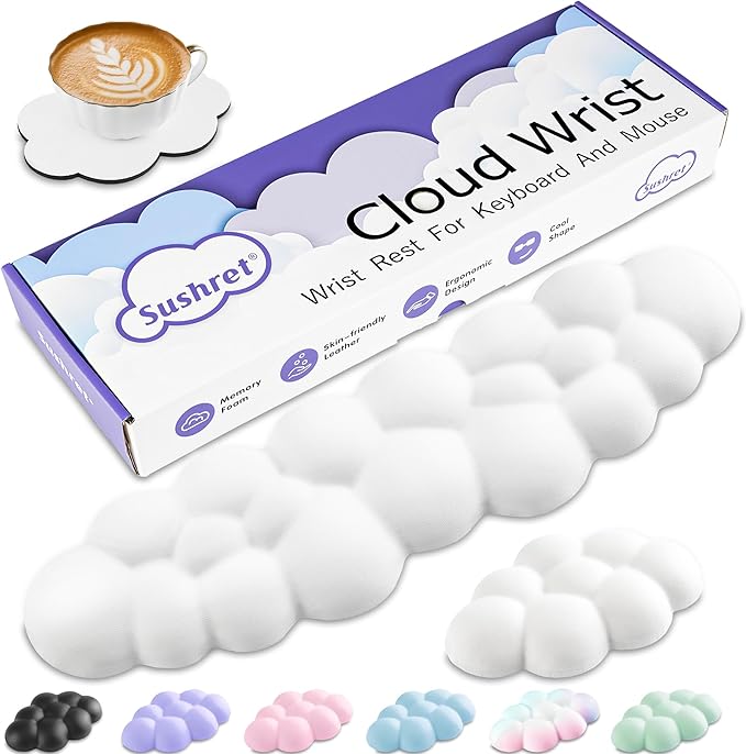 Cloud Wrist Rest Keyboard, Cloud Keyboard Wrist Pad Set with PU Leather Memory Foam, Cute Arm Rest for Palm Support, PC/Gaming Desk Accessories/Office Setup/Computer Hand Cushion - White