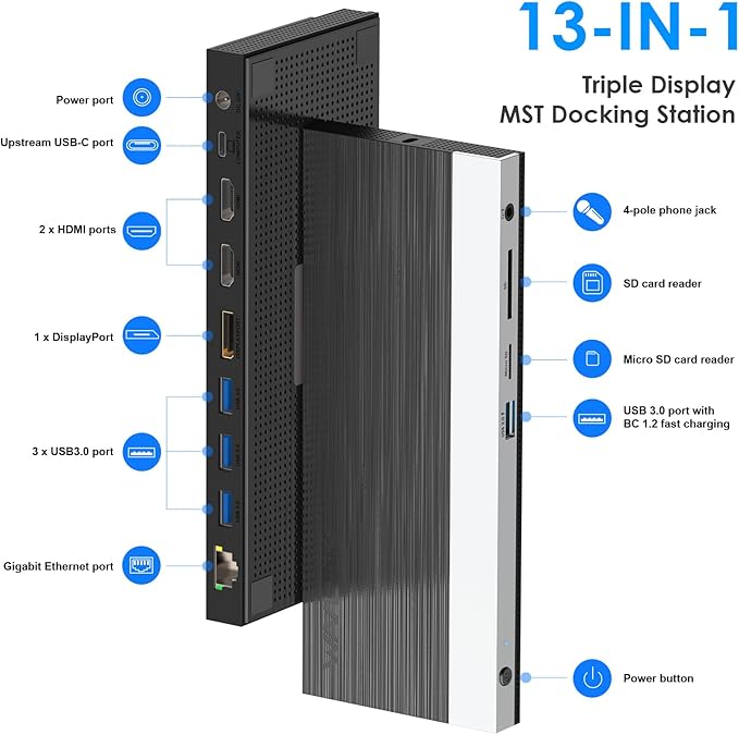 WAVLINK USB C Docking Station 3 Monitor with 100W PD, USB-C Laptop Dock Triple Display for Dell Hp Lenovo Windows, Type C Adapter Hub - Dual HDMI, DisplayPort, Ethernet, 4 USB3.0, SD/TF Slot, Audio