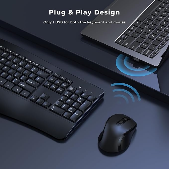 Ergonomic Keyboard and Mouse Combo - Full Size Keyboard Cordless with Palm Wrist Rest Ergonomic Mouse Wireless for Windows Computers Laptops - Black (Upgrade)