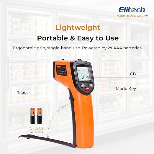 Elitech Laser Temperature Gun, Non-Contact Digital Infrared Thermometer, Adjustable Emissivity, Backlight, Handheld for Grill, Meat, Food, Candy, Automotive, HVAC Tools, -50~530°C(-58~986°F), DIT-220