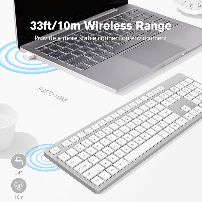 LeadsaiL Wireless Keyboard, 2.4GHz Full-Sized Ergonomic Computer Keyboard, Cordless Noiseless Keyboard,12 FN Shortcuts for Windows MacOS Laptop Computer - White and Grey