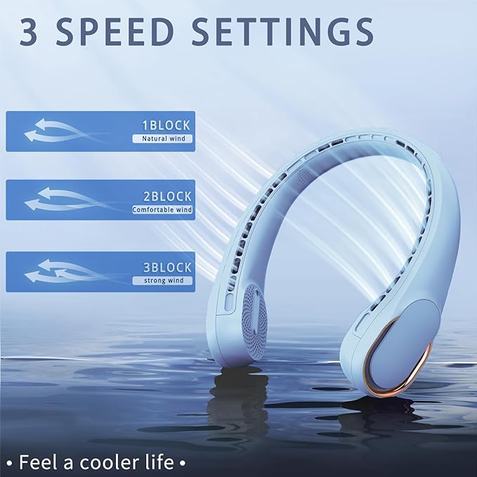 Neck Fan, Bladeless Neck Fan, USB Rechargeable Personal Fan, 4000 mAh Battery Operated Wearable Fan, 3 Speeds Adjustable,Faster Cooling, Ultra Quiet, Suitable for Home, Office, Travel, Sports