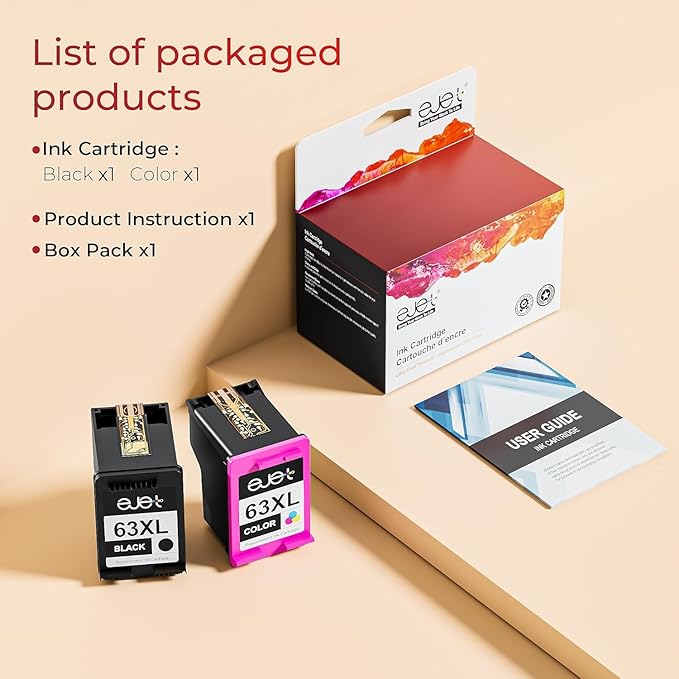 ejet 63XL Ink Cartridge Combo Pack Replacement for HP 63 Ink 63XL Ink Cartridges Black and Color for OfficeJet 3830 4650 5255 5258 4655 4652 3833 Envy 4520 4512 DeskJet 1112 3630 (1 Black,1 Tri-Color)