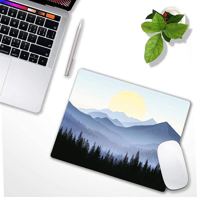 Misty Forest Moon Mountain Custom Mouse Pad with Non-Slip Rubber, Small Square Design for Wireless Laptop & Computer Mouse Pads for Desk, 9.5 x 7.9 inch Smooth Surface for Gaming & Office