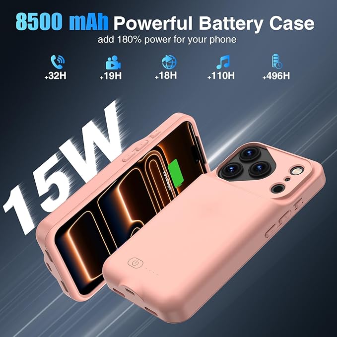 GIN FOXI Battery Case for iPhone 17 Pro, Charging Case Charger 8500mAh Ultra-Slim Lightweight Powerful Battery Pack 15W Fast Rechargeable Anti-Fall TPU Juice Box for iPhone 17 Pro (6.3") Pink