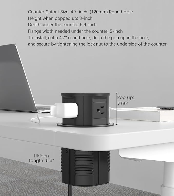 Pop up Outlet for Countertop with Wireless Charger,45W USB C Port, 4.7'' Diameter Round Pop Up Counter Outlet with AC Outlets,USB Ports,Hidden Outlet,Pop Out Outlet