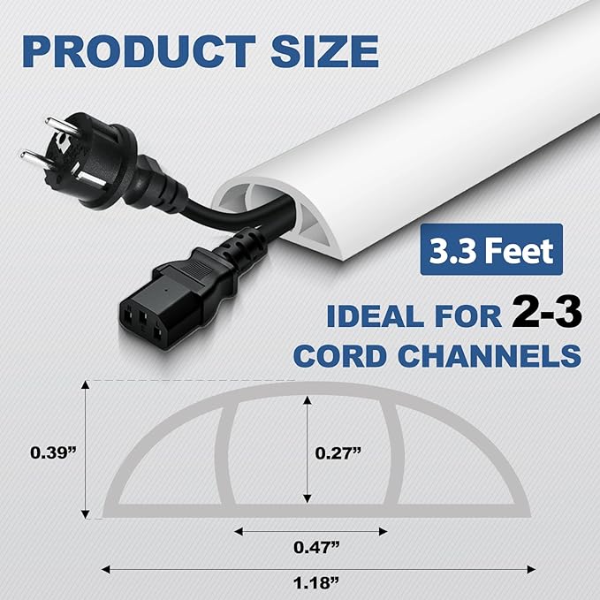 Floor Cord Cover for Wires on Floor Self Adhesive Cord Hider Floor Cable Management Wire Covers for Cords Protector Prevent Cable Trips Cord Cavity W 0.47" x H 0.27", White, 3.3Ft