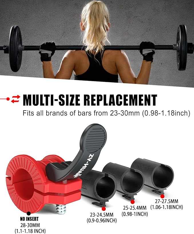 Pro Barbell Clips 1 inch Barbell Clamps 0.9-1.18inch Quick Release Weight Clips for Bars Multi-Size Adjustable Olympic Barbell Clamps