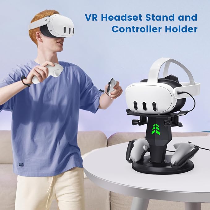 VR Headset Charging Dock for Meta Quest 3/Quest 3S/Quest 2, VR Charging Stand for Quest 3 Accessories VR Stand Supports Charging Headset with Type C Cable and fit Controller with Cover