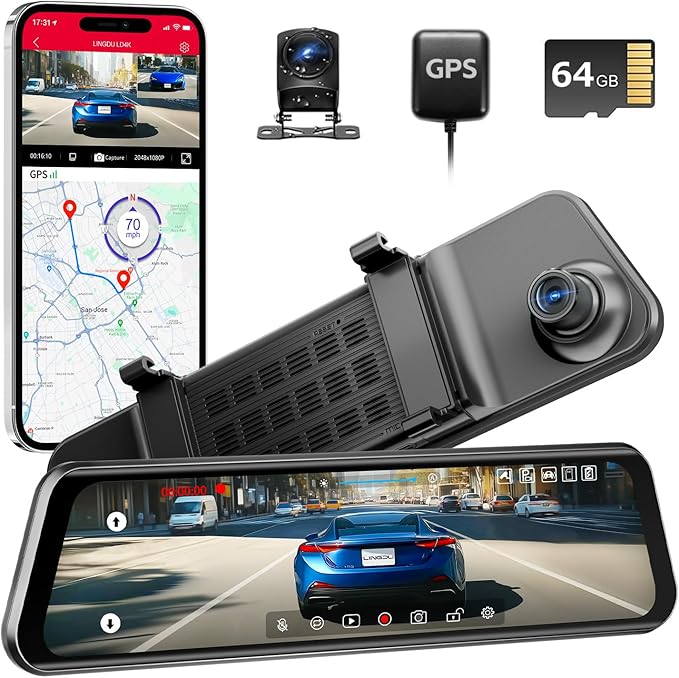 12" Mirror Dash Cam, 4K UHD Front and 2.5K Rear View Dash Camera for Car, with ADAS BSD LCA Smart Mode, GPS, G-Sensor, Loop Recording, Parking Monitor, Voice Control, 5.8GHz WiFi