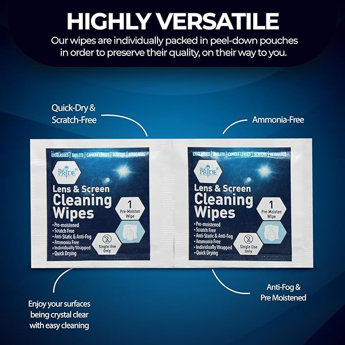 MED PRIDE Lens and Screen Cleaning Wipes for Eyeglasses, Touch Screens, Cameras, Anti-Fog, Scratch-, Anti-Static (100 100 Count (Pack of 1))