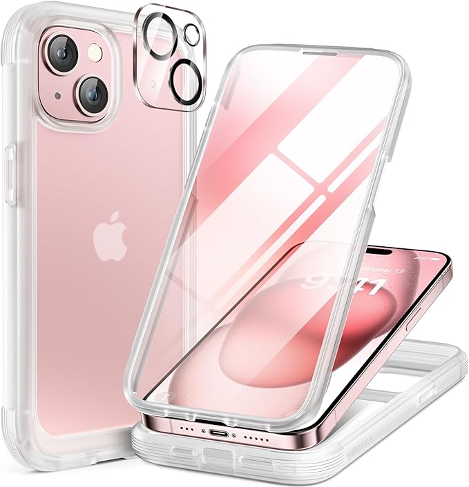 Miracase Glass Series Designed for iPhone 15 Plus Case 6.7',Full-Body Military Drop Proof 15 Plus Phone Case Cover with Built-in 9H Tempered Glass Screen Protector,Frosted Clear