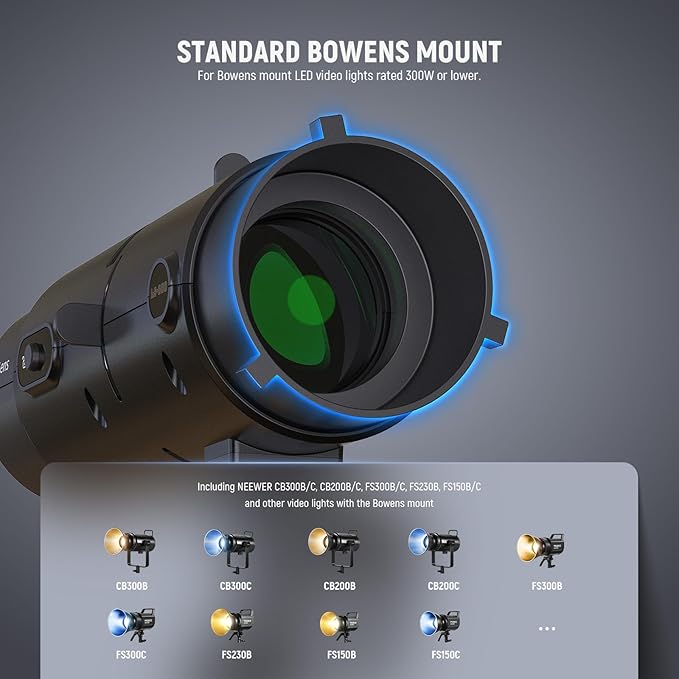 NEEWER LS-300 Spotlight Optical Snoot for 300W Bowens Mount LED Video Lights with 16x GOBO 19° Projection Lens 98% Light Transmittance Geometric Shaper for Creative Photography & Enhanced Illuminance