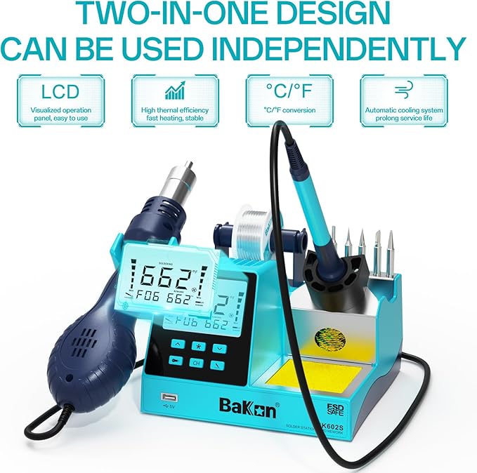 BK602S 2 in1 Soldering Iron Hot Air Rework Station,Digital Soldering Welding Iron Kit for Electronic DIY Circuit Work, Rapid Heat up Solder Station,Auto Sleep,ºC/ºF Conversion