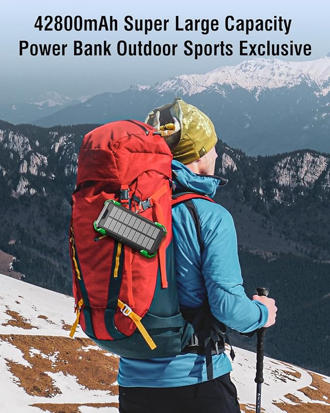 Solar Charger Power Bank, 42800mAh Wireless Portable Charger with USB-C in/Output, QC3.0 Fast Charging 15W 4 Ports Outdoor Battery Pack Built-in Dual Led Flashlights for iPhone Samsung etc