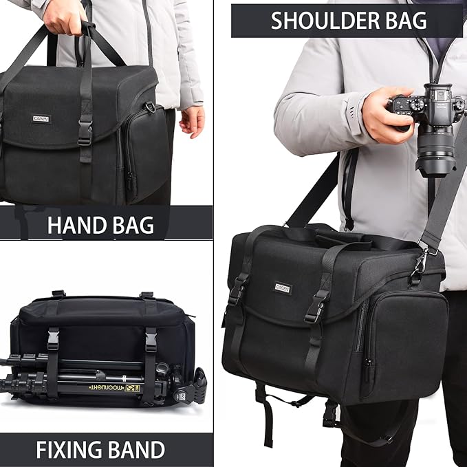 CADeN Camera Bag Case Shoulder Messenger Bag with Tripod Holder Compatible for Nikon, Canon, Sony, DSLR SLR Mirrorless Cameras Waterproof (Black, Large)