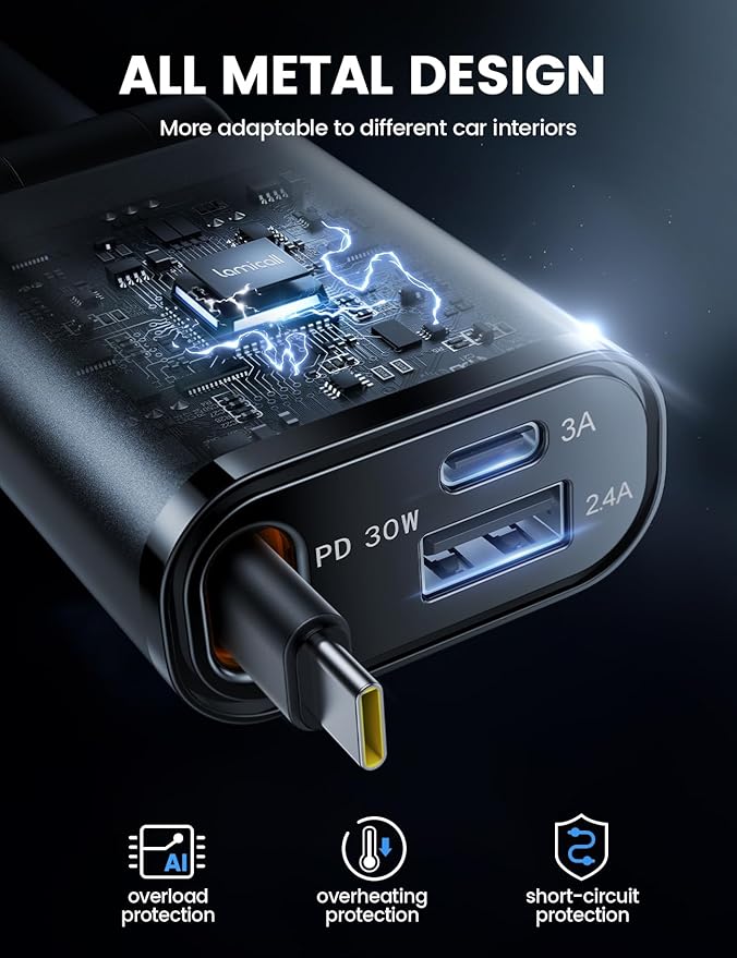 Lamicall Retractable Car Charger USB C Fast Charging [Ultra-Compact, 60% Less Space] 57W Type C Car Phone Charger fit iPhone 16 16e 15 Pro Max Plus Galaxy S25 S24 Ultra Pixel Android