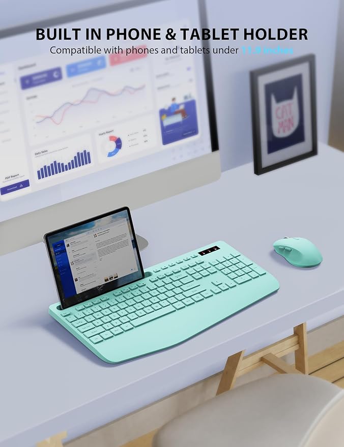Wireless Keyboard and Mouse Combo - Full-Sized Ergonomic Keyboard with Wrist Rest, Phone Holder, Sleep Mode, Silent 2.4GHz Cordless Keyboard Mouse Combo for Computer, Laptop, PC, Mac, Windows (Green)