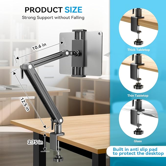 Jakeko Adjustable Tablet Mount for Desk - 360 Degree Rotating Base Tall Arm Holder Stand Swivel Flexible Clamp Soporte para Tablet/Portable Monitor/Ebook