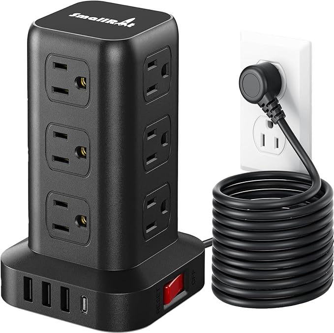 PD20W Surge Protector Power Strip Tower, 15FT Extension Cord with Multiple Outlets, 12 AC 4 USB (1 USB C)，Mini Power Strip with USB Ports, Surge Protector Tower Overload Protection for Office, Desk