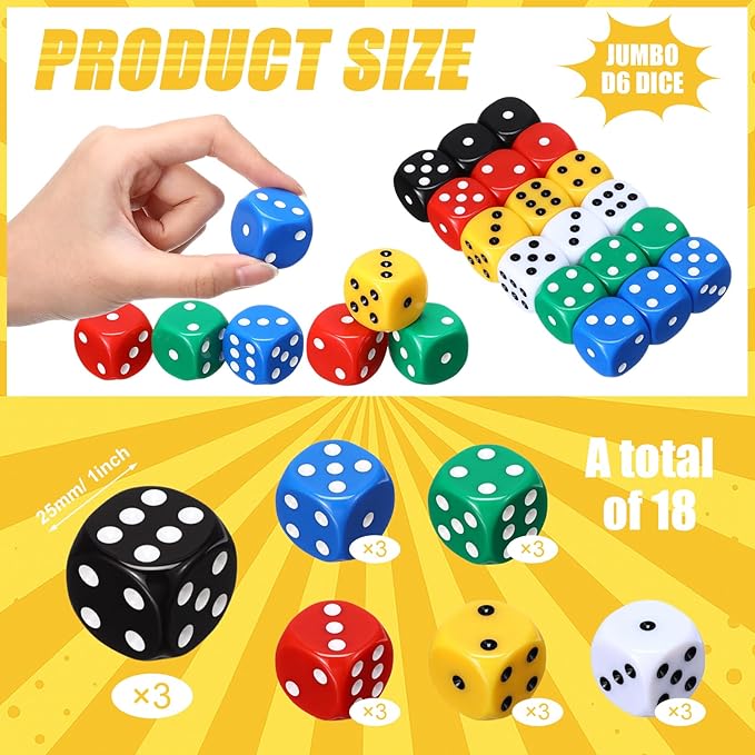 18 Pcs Casino Theme Party Dice Large Opaque Jumbo Acrylic D6 Dice for Casino, Craps, Table Games and Board Games(25 mm,Solid Color)