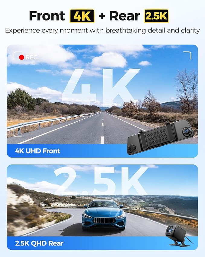 AZDOME PG17 Max 4K+2.5K Mirror Dash Cam with ADAS, BSD and LCA, 12" Rear View Mirror Camera with 5GHz WiFi and Voice Control, Rearview Mirror Backup Camera Includes 64GB Card, GPS, Parking Monitor
