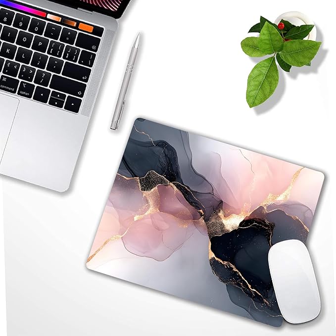 Black Rose Gold Marble Custom Mouse Pad with Non-Slip Rubber, Small Square Design for Wireless Laptop & Computer Mouse Pads for Desk, 9.5 x 7.9 inch Smooth Surface for Gaming & Office