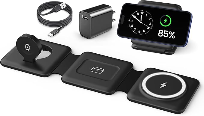 Magnetic Wireless Charger for iPhone: Fodable 3 in 1 Charging Station for Multiple Apple Devices - Travel Charging Pad Dock for Apple Watch iPhone 16 15 14 13 12 Pro Max Plus & Airpod