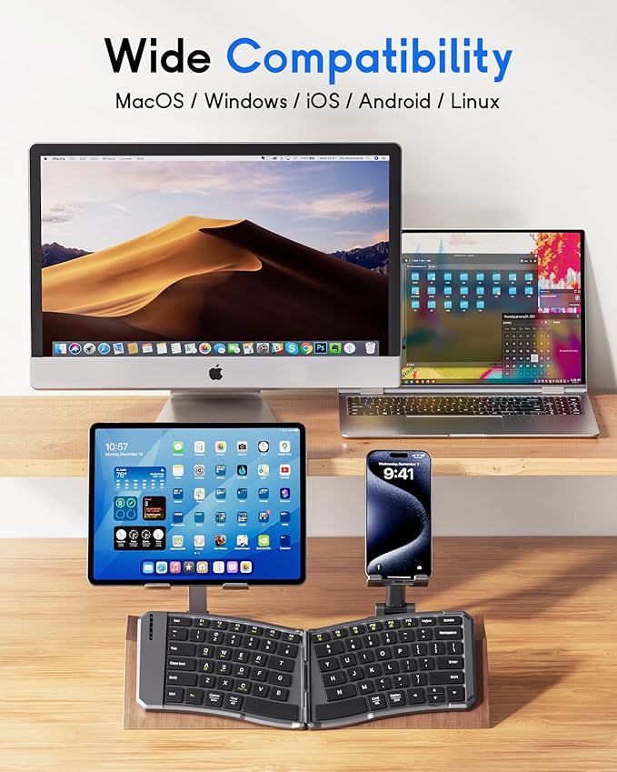 MoKo Ergonomic Foldable Keyboard, Split Portable Folding Bluetooth Keyboard for Business Travel, Ultra Slim Rechargeable Wireless Keyboards for iOS/Android/Windows Tablet PC Smartphone