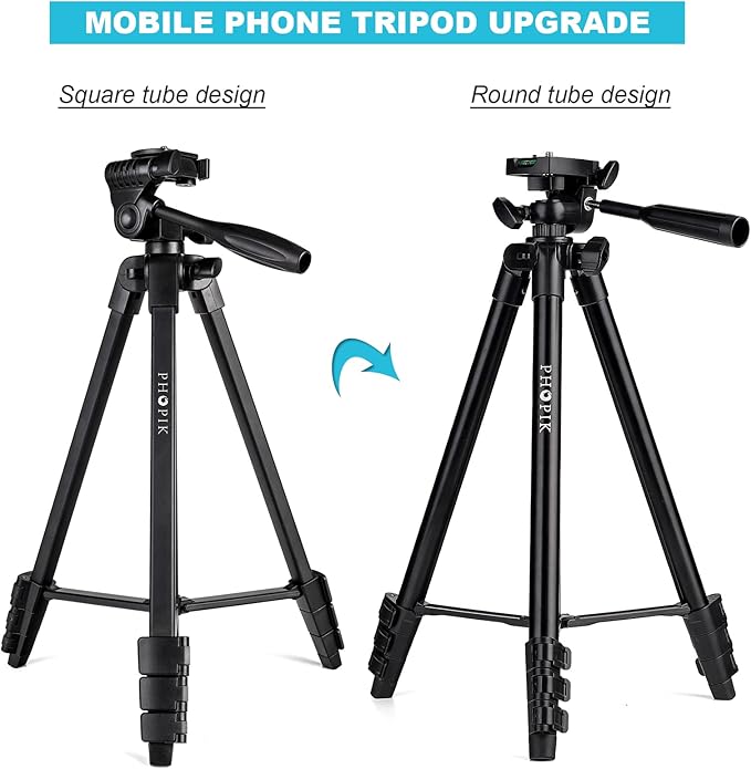 55" Phone Tripod, PHOPIK Aluminum Extendable Tripod Stand with Shutter, Carrying Bag, Compatible with iPhone/Android/Sport Camera&Insta 360 x5 Perfect for Video Recording/Selfies/Live Stream/Vlogging