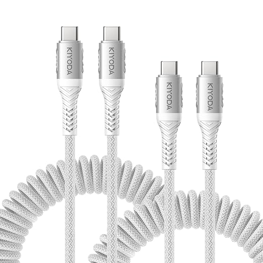 Coiled USB C to C Cable 3ft+6ft, Coiled USB C Cable for Car, Braided Type C Charger 66W Fast Charging Cord Compatible with iPhone 17 16 15, iPad, Samsung Galaxy, Google Pixel, Moto, LG Phones-Silver