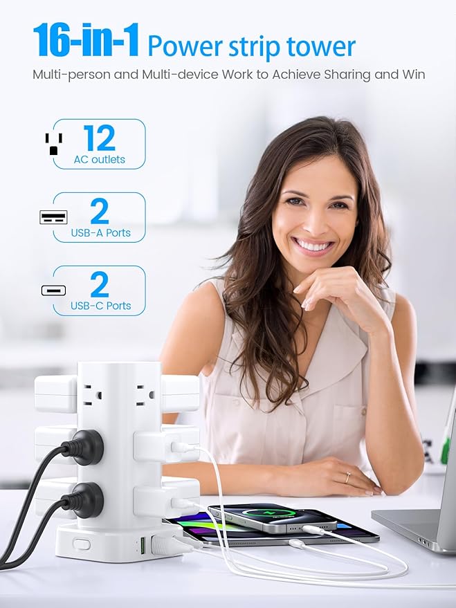 Tower Power Strips with Surge Protection, 6FT Flat Extension Cord with Multiple Outlets, 12 AC 4 USB Ports, Overload Protection Charging Station for Office Home Dorm Room Travel (White)