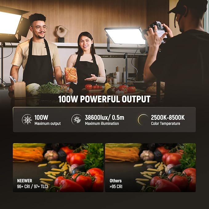 NEEWER 100W Bi Color LED Panel Video Light Kit, 960 LEDs 38600Lux@0.5m 2500K-8500K CRI96+/TLCI97+ 0-100% Dimming, APP/2.4G/Panel/DMX Control for Pro Studio Photography Recording Stage Lighting, AP100B