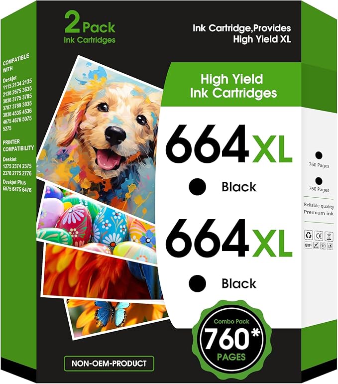 664XL Ink Cartridge Replacement for 664 664XL 664 XL Ink Cartridges Black and Color for DeskJet Ink Advantage 1115 2135 2138 3635 3636 3638 4535 4536 4538 4675 4676 4678 Printer Ink 2 Black