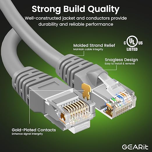GearIT Cat 6 Ethernet Cable (24-Pack 3 Feet) Cat6 Network Patch, 10Gbps, RJ45, Snagless Cord, Gold-Plated Connectors, Internet for PC, TV, Tablet, Router, Printer, Servers, IT Data Center - Gray