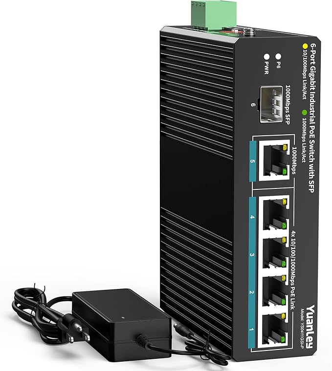 YuanLey 6 Port Industrial Switch with 4 Port PoE Gigabit, 1 1000Mbps Uplink, 1 SFP Port, Unmanaged Din-Rail PoE Switch with 66.25W Power Adapter, Support IEEE802.3af/at, VLAN & Loop