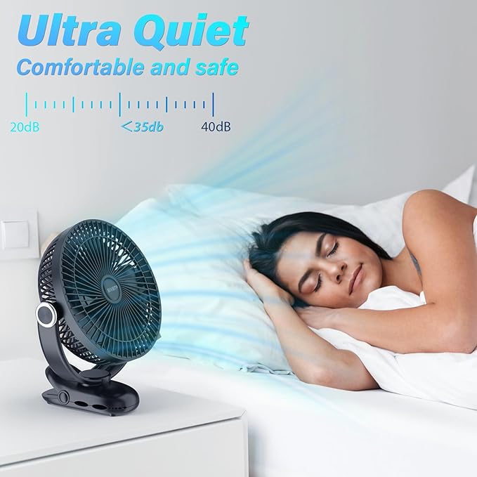 12000mAh Clip on Fan 30H Longest Runtime, 8in Portable Fan Rechargeable, Ultra Quiet with Heavy-Duty Clamp, USB Desk Fans for Golf Cart,Office Desk, Treadmill, Camping, Bedroom
